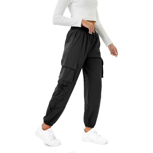 Womens Parachute Cargo Pants with Pockets Quick Dry Hiking Pants Lightweight Waterproof Baggy Joggers Black