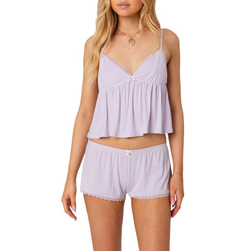 Women'S Summer Lounge Set Sleeveless V Neck Cami Tops Lace Trim Shorts Sleepwear Outfits Cute Women'S Pajamas Set