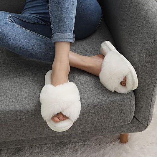 Fuzzy Slippers Cross Band Memory Foam House Slippers Open Toe Women'S Corduroy