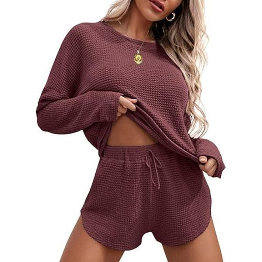 EKOUAER Womens Waffle Knit Sets Long Sleeve Top and Shorts Matching Lounge Set Loungewear Sweatsuit with Pockets