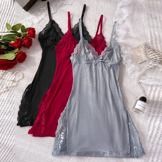 Chicme Women'S Valentine'S Day 3-Pack Cute Pajamas Lace Trim Side Slit Bowknot Decor Modal Cami Sleep Dress