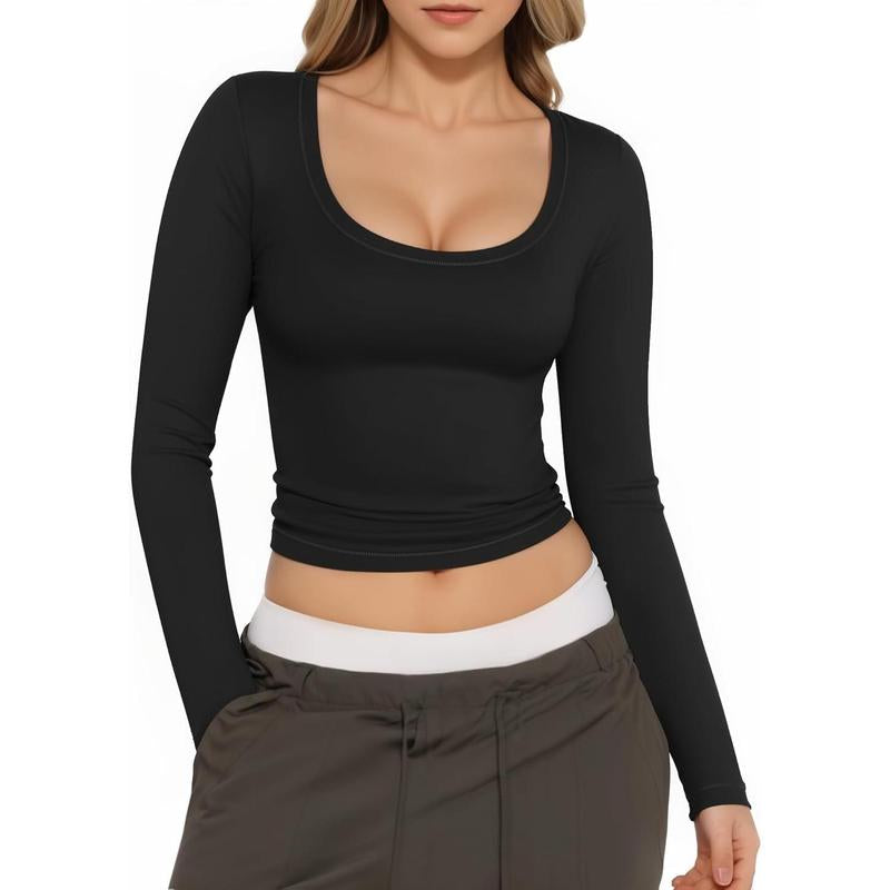 Womens Scoop Neck Long Sleeve Shirts Slim Fitted Sexy Crop Tops