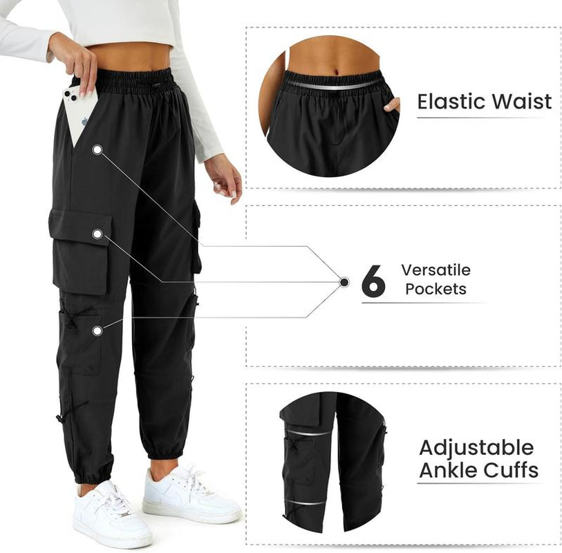 Womens Parachute Cargo Pants with Pockets Quick Dry Hiking Pants Lightweight Waterproof Baggy Joggers Black