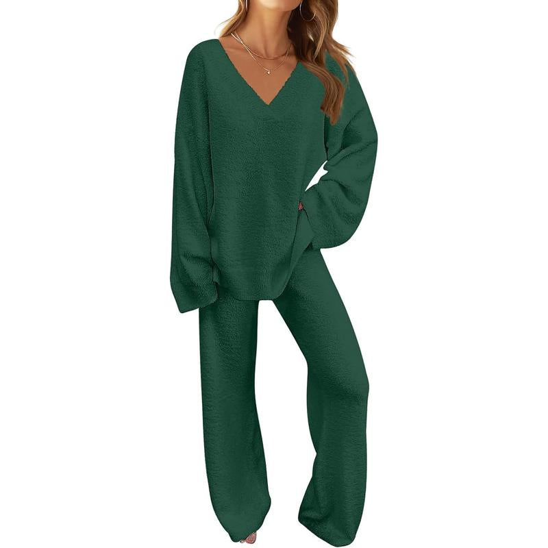 MEROKEETY Women'S 2 Piece Outfits Soft Chunky V Neck Fuzzy Fleece Pajama Set Long Sleeve Top Wide Leg Pants Lounge Wear