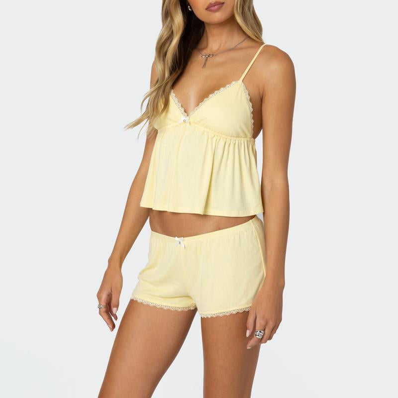 Women'S Summer Lounge Set Sleeveless V Neck Cami Tops Lace Trim Shorts Sleepwear Outfits Cute Women'S Pajamas Set