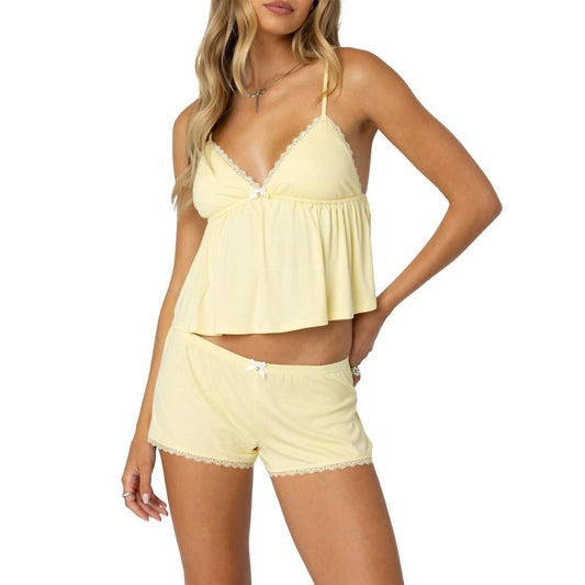 Women'S Summer Lounge Set Sleeveless V Neck Cami Tops Lace Trim Shorts Sleepwear Outfits Cute Women'S Pajamas Set