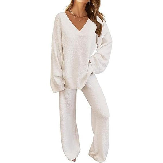 MEROKEETY Women'S 2 Piece Outfits Soft Chunky V Neck Fuzzy Fleece Pajama Set Long Sleeve Top Wide Leg Pants Lounge Wear