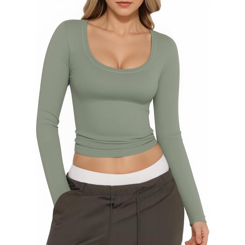 Womens Scoop Neck Long Sleeve Shirts Slim Fitted Sexy Crop Tops