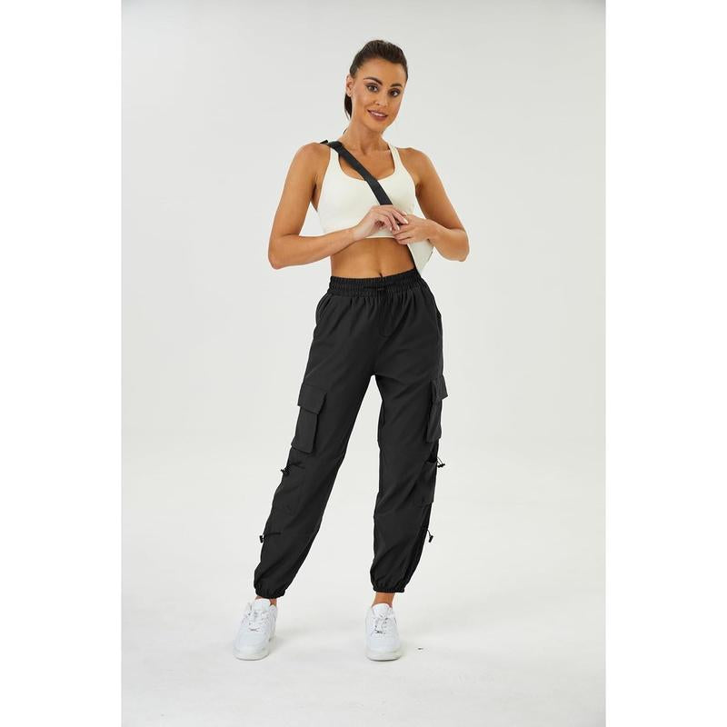 Womens Parachute Cargo Pants with Pockets Quick Dry Hiking Pants Lightweight Waterproof Baggy Joggers Black