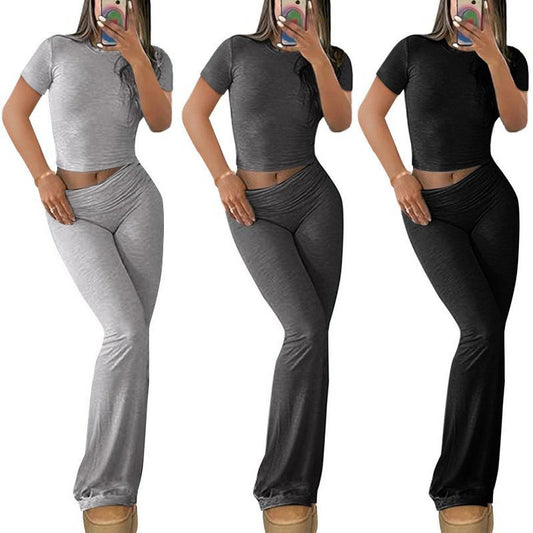 Ebifin S to 2XL Womens 2 Pieces Lounge Sets plus Size Fold-Over Flare Pants Short Sleeve Crop Top Casual Outfits Pajamas Sets Fashion Loungewear Homewear Comfort Womenswear Nightwear Lady Spandex Pjs