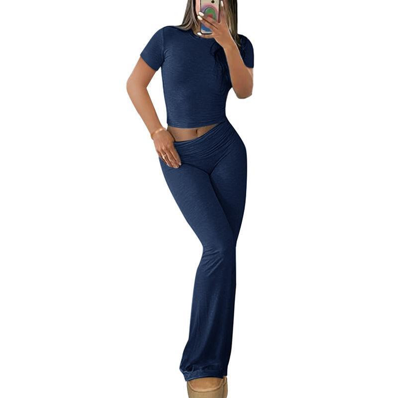Ebifin S to 2XL Womens 2 Pieces Lounge Sets plus Size Fold-Over Flare Pants Short Sleeve Crop Top Casual Outfits Pajamas Sets Fashion Loungewear Homewear Comfort Womenswear Nightwear Lady Spandex Pjs
