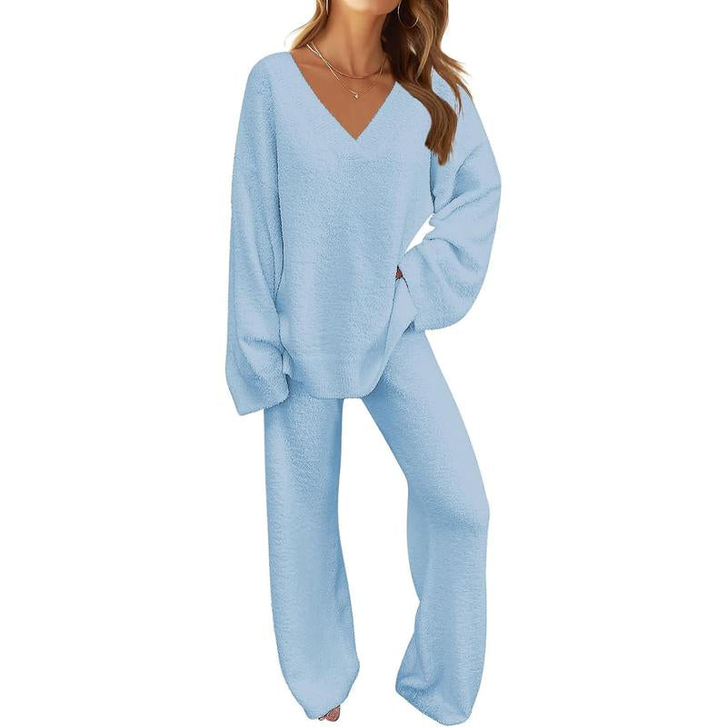 MEROKEETY Women'S 2 Piece Outfits Soft Chunky V Neck Fuzzy Fleece Pajama Set Long Sleeve Top Wide Leg Pants Lounge Wear