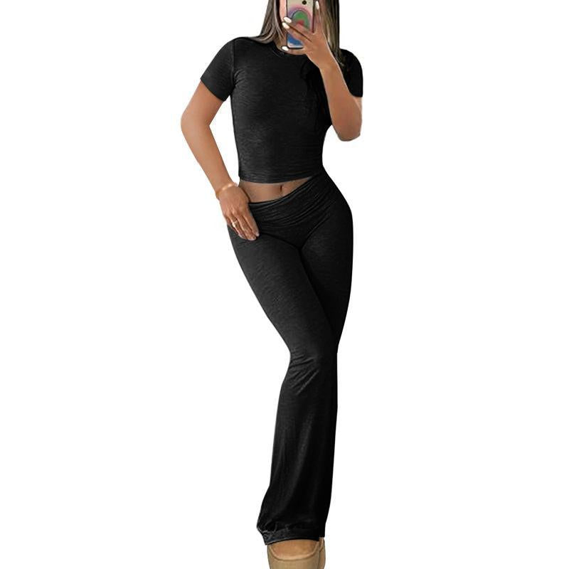 Ebifin S to 2XL Womens 2 Pieces Lounge Sets plus Size Fold-Over Flare Pants Short Sleeve Crop Top Casual Outfits Pajamas Sets Fashion Loungewear Homewear Comfort Womenswear Nightwear Lady Spandex Pjs