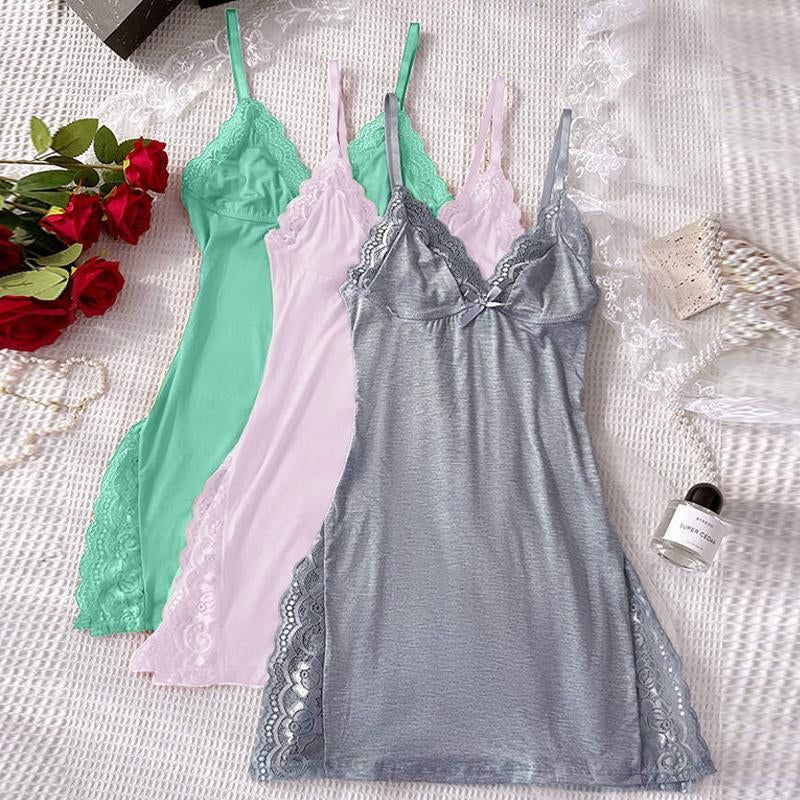 Chicme Women'S Valentine'S Day 3-Pack Cute Pajamas Lace Trim Side Slit Bowknot Decor Modal Cami Sleep Dress