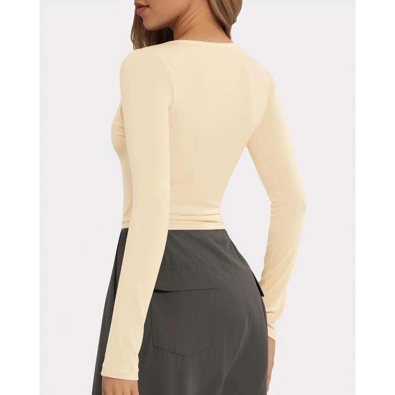 Womens Scoop Neck Long Sleeve Shirts Slim Fitted Sexy Crop Tops