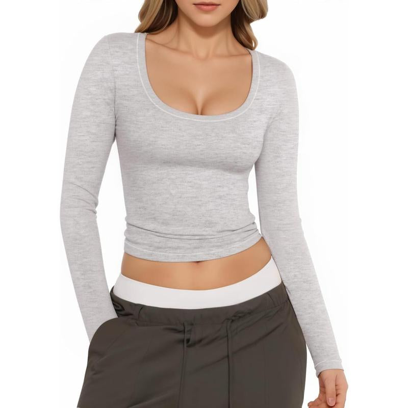 Womens Scoop Neck Long Sleeve Shirts Slim Fitted Sexy Crop Tops