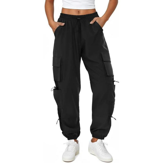 Womens Parachute Cargo Pants with Pockets Quick Dry Hiking Pants Lightweight Waterproof Baggy Joggers Black