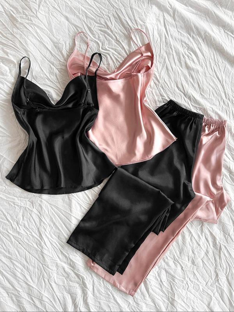 Women'S Solid Color Cami Top & Elastic Waist Pants Pajama Set, Casual Comfy Loungewear Set for Daily Wear, Ladies Sleepwear for Summer