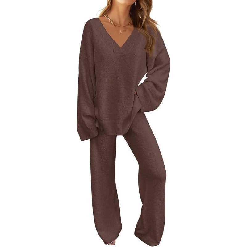 MEROKEETY Women'S 2 Piece Outfits Soft Chunky V Neck Fuzzy Fleece Pajama Set Long Sleeve Top Wide Leg Pants Lounge Wear