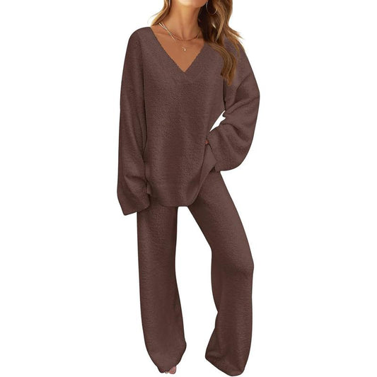 MEROKEETY Women'S 2 Piece Outfits Soft Chunky V Neck Fuzzy Fleece Pajama Set Long Sleeve Top Wide Leg Pants Lounge Wear