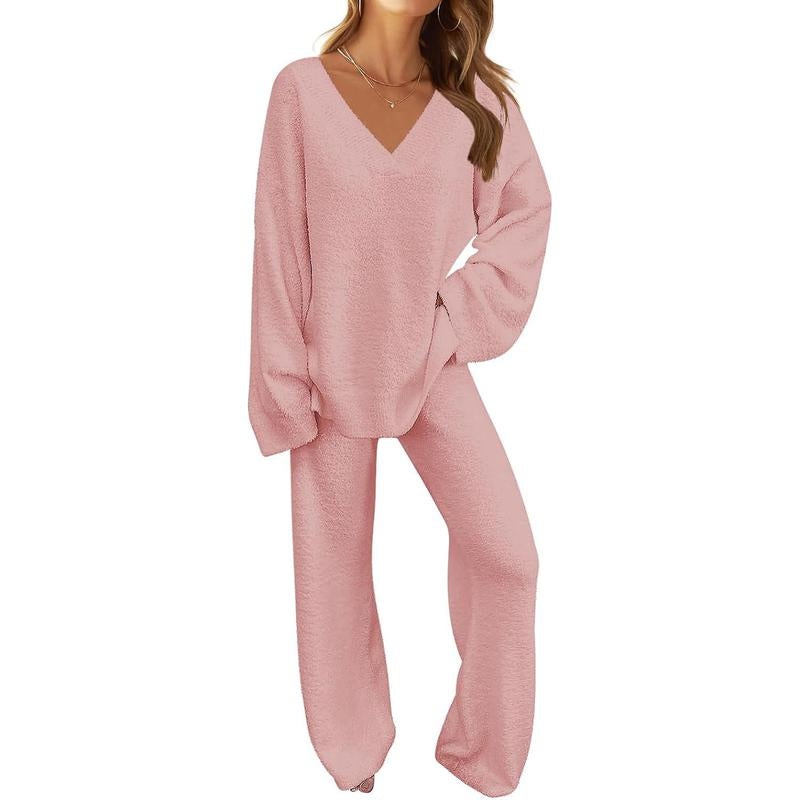 MEROKEETY Women'S 2 Piece Outfits Soft Chunky V Neck Fuzzy Fleece Pajama Set Long Sleeve Top Wide Leg Pants Lounge Wear
