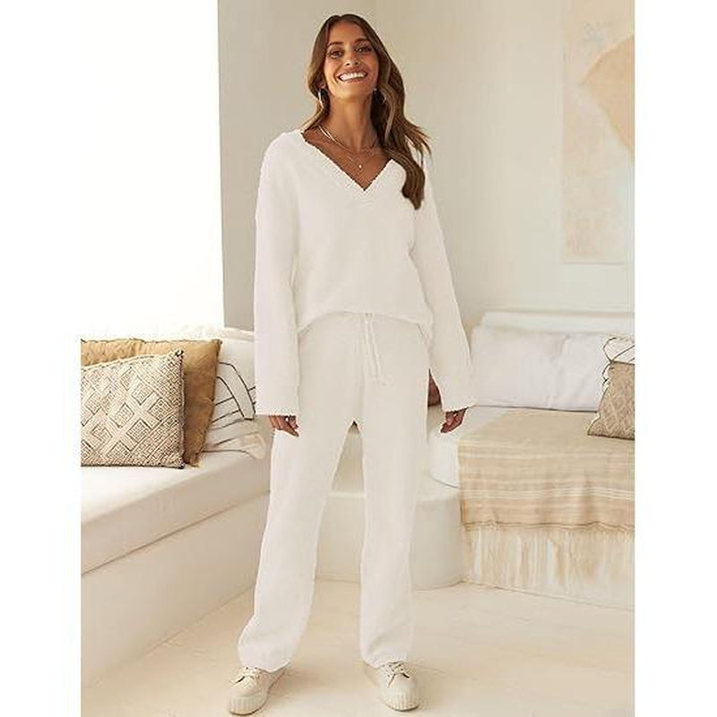 MEROKEETY Women'S 2 Piece Outfits Soft Chunky V Neck Fuzzy Fleece Pajama Set Long Sleeve Top Wide Leg Pants Lounge Wear