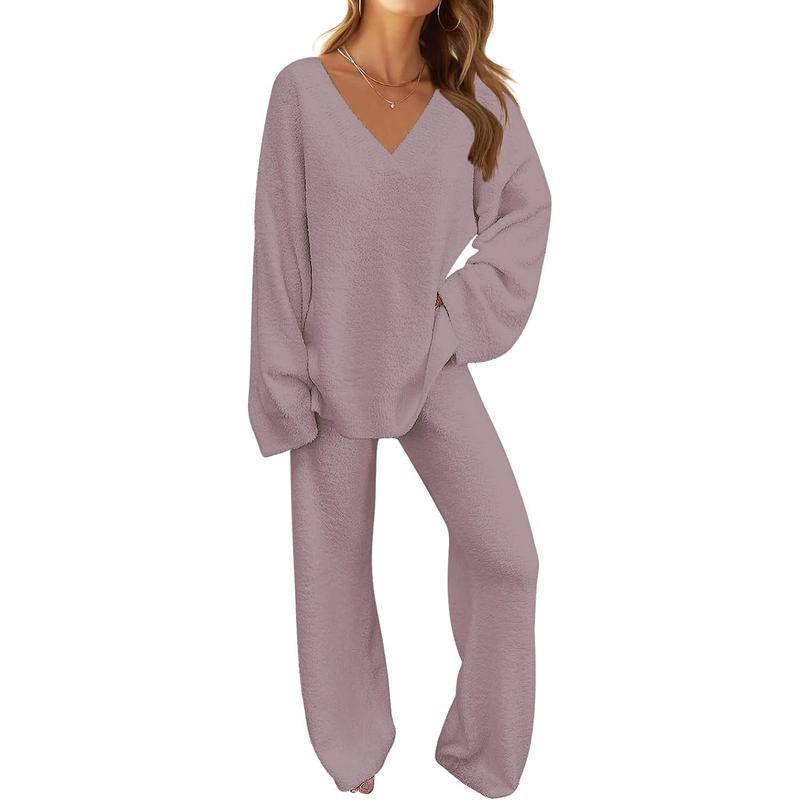 MEROKEETY Women'S 2 Piece Outfits Soft Chunky V Neck Fuzzy Fleece Pajama Set Long Sleeve Top Wide Leg Pants Lounge Wear