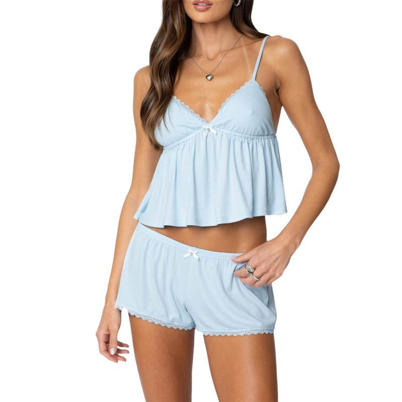 Women'S Summer Lounge Set Sleeveless V Neck Cami Tops Lace Trim Shorts Sleepwear Outfits Cute Women'S Pajamas Set