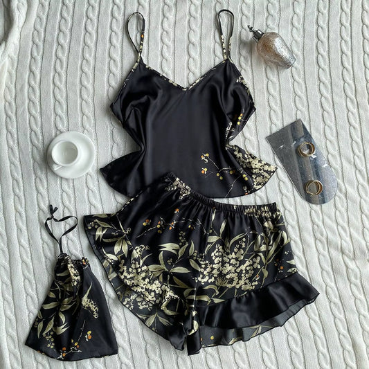 Elegant Floral Print Cami Tops Ruffle Hem Shorts Pajama Set Women'S Sleepwear Loungewear