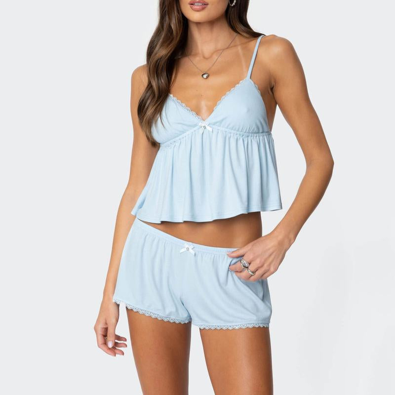 Women'S Summer Lounge Set Sleeveless V Neck Cami Tops Lace Trim Shorts Sleepwear Outfits Cute Women'S Pajamas Set
