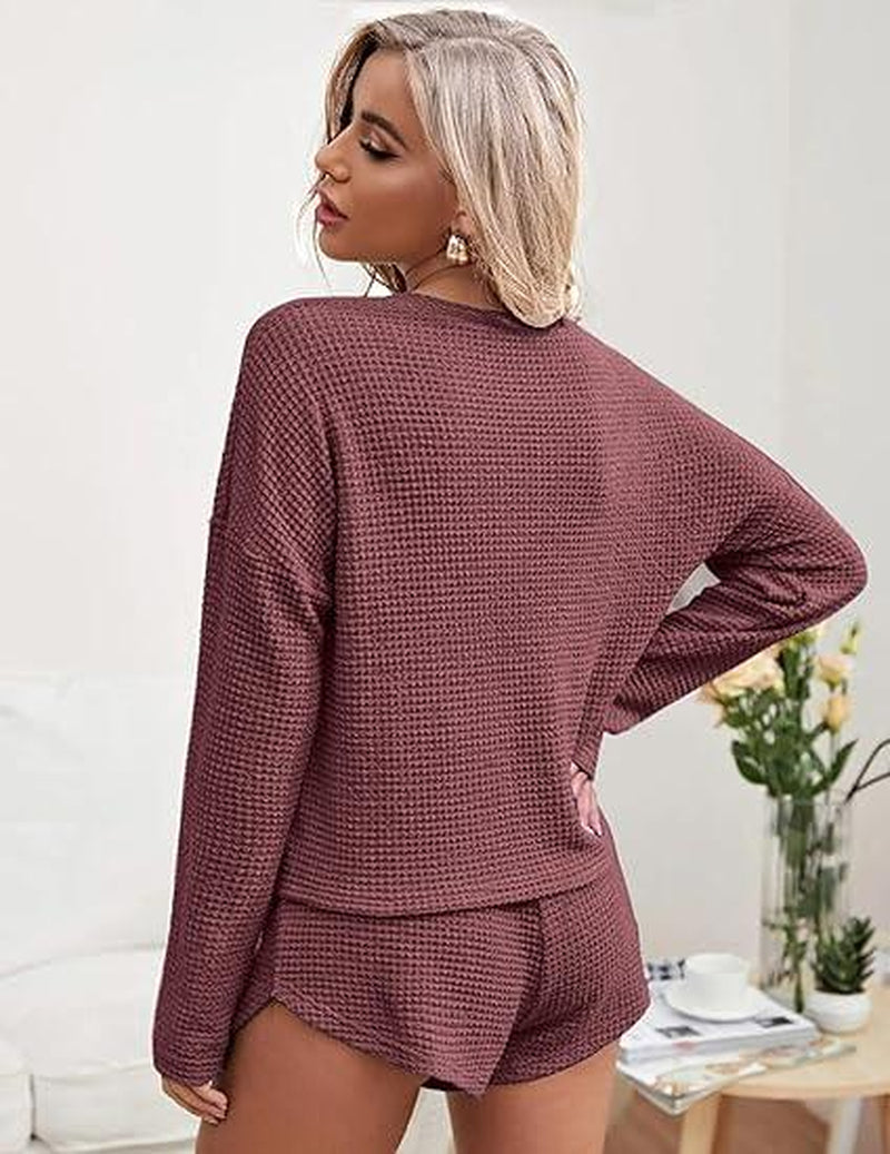 EKOUAER Womens Waffle Knit Sets Long Sleeve Top and Shorts Matching Lounge Set Loungewear Sweatsuit with Pockets