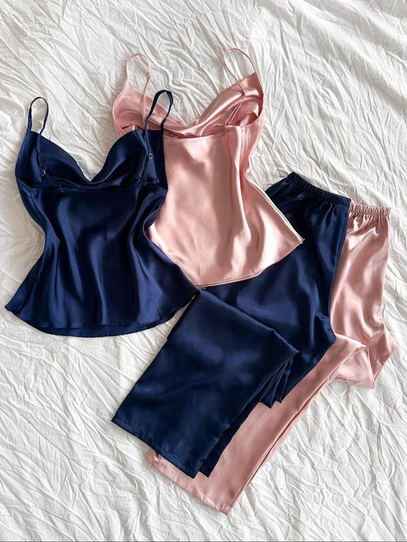 Women'S Solid Color Cami Top & Elastic Waist Pants Pajama Set, Casual Comfy Loungewear Set for Daily Wear, Ladies Sleepwear for Summer