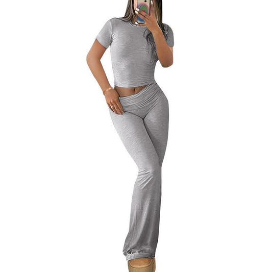 Ebifin S to 2XL Womens 2 Pieces Lounge Sets plus Size Fold-Over Flare Pants Short Sleeve Crop Top Casual Outfits Pajamas Sets Fashion Loungewear Homewear Comfort Womenswear Nightwear Lady Spandex Pjs
