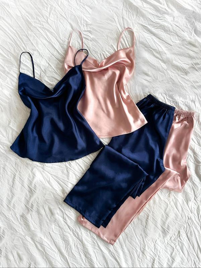 Women'S Solid Color Cami Top & Elastic Waist Pants Pajama Set, Casual Comfy Loungewear Set for Daily Wear, Ladies Sleepwear for Summer