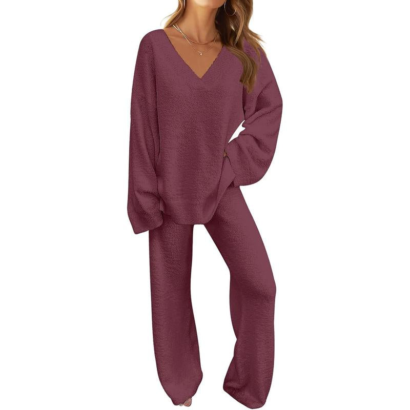 MEROKEETY Women'S 2 Piece Outfits Soft Chunky V Neck Fuzzy Fleece Pajama Set Long Sleeve Top Wide Leg Pants Lounge Wear