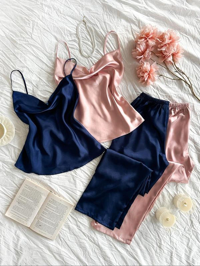 Women'S Solid Color Cami Top & Elastic Waist Pants Pajama Set, Casual Comfy Loungewear Set for Daily Wear, Ladies Sleepwear for Summer