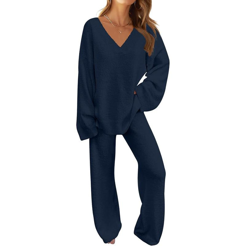 MEROKEETY Women'S 2 Piece Outfits Soft Chunky V Neck Fuzzy Fleece Pajama Set Long Sleeve Top Wide Leg Pants Lounge Wear
