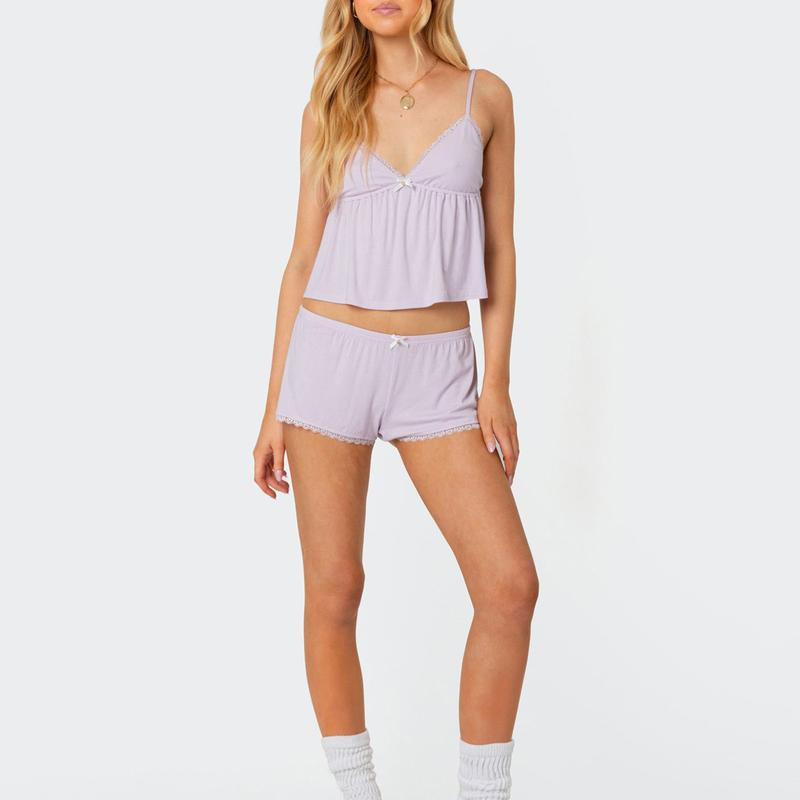 Women'S Summer Lounge Set Sleeveless V Neck Cami Tops Lace Trim Shorts Sleepwear Outfits Cute Women'S Pajamas Set
