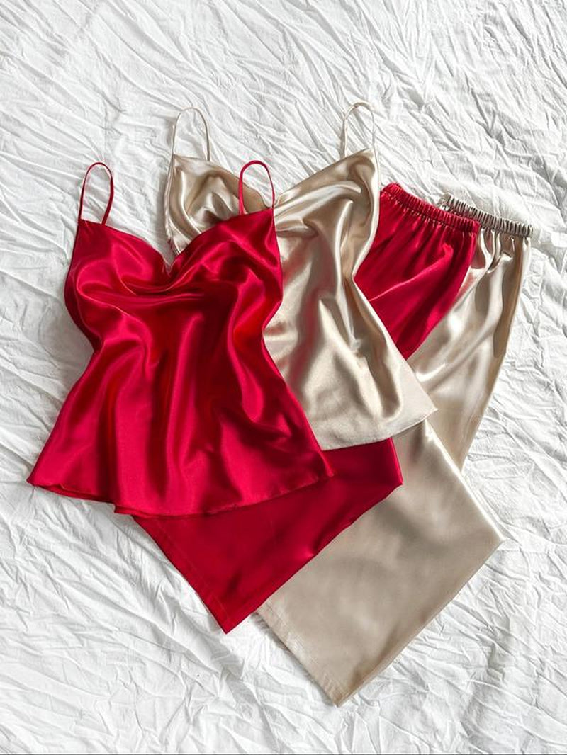 Women'S Solid Color Cami Top & Elastic Waist Pants Pajama Set, Casual Comfy Loungewear Set for Daily Wear, Ladies Sleepwear for Summer