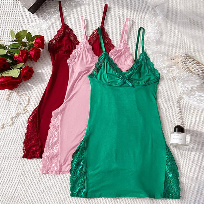 Chicme Women'S Valentine'S Day 3-Pack Cute Pajamas Lace Trim Side Slit Bowknot Decor Modal Cami Sleep Dress