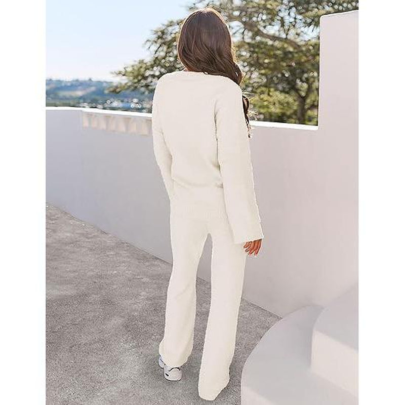 MEROKEETY Women'S 2 Piece Outfits Soft Chunky V Neck Fuzzy Fleece Pajama Set Long Sleeve Top Wide Leg Pants Lounge Wear