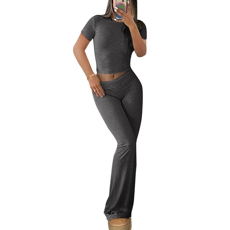 Ebifin S to 2XL Womens 2 Pieces Lounge Sets plus Size Fold-Over Flare Pants Short Sleeve Crop Top Casual Outfits Pajamas Sets Fashion Loungewear Homewear Comfort Womenswear Nightwear Lady Spandex Pjs