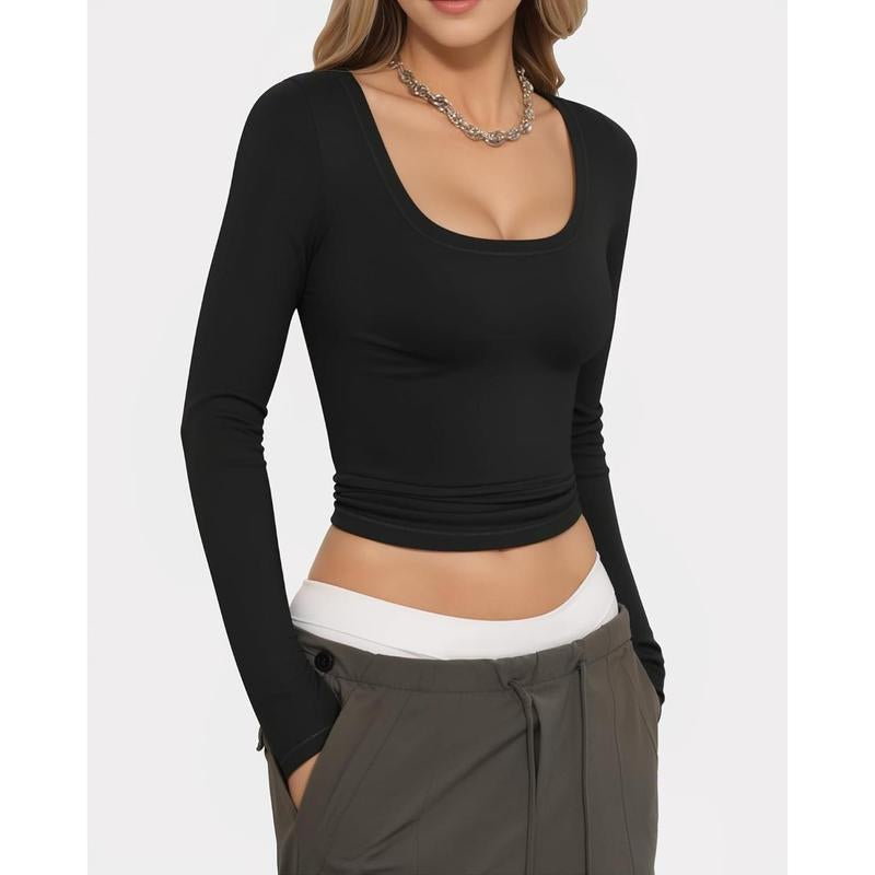 Womens Scoop Neck Long Sleeve Shirts Slim Fitted Sexy Crop Tops