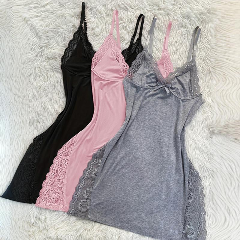 Chicme Women'S Valentine'S Day 3-Pack Cute Pajamas Lace Trim Side Slit Bowknot Decor Modal Cami Sleep Dress