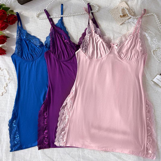 Chicme Women'S Valentine'S Day 3-Pack Cute Pajamas Lace Trim Side Slit Bowknot Decor Modal Cami Sleep Dress