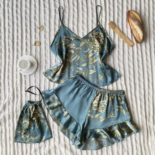 Elegant Floral Print Cami Tops Ruffle Hem Shorts Pajama Set Women'S Sleepwear Loungewear
