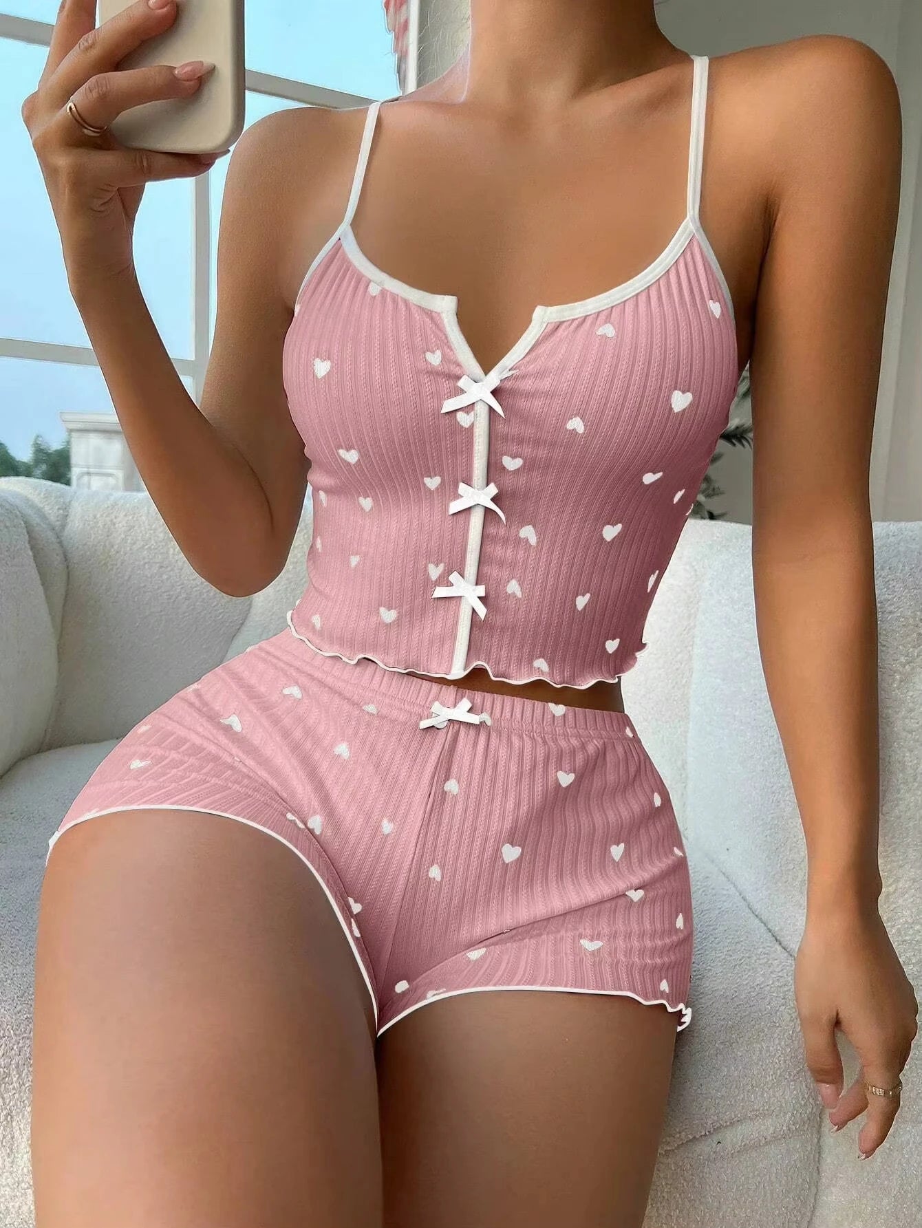 Women Cute Pajama Set Heart Print Lettuce Trim Bow Front Cami Top and Shorts Pj Set Soft Sleepwear
