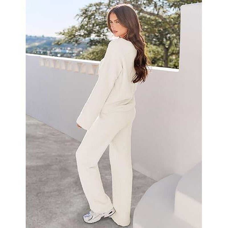 MEROKEETY Women'S 2 Piece Outfits Soft Chunky V Neck Fuzzy Fleece Pajama Set Long Sleeve Top Wide Leg Pants Lounge Wear