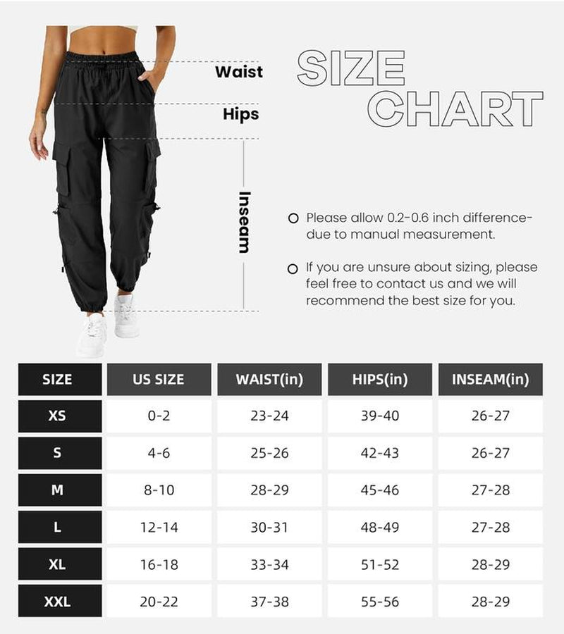 Womens Parachute Cargo Pants with Pockets Quick Dry Hiking Pants Lightweight Waterproof Baggy Joggers Black