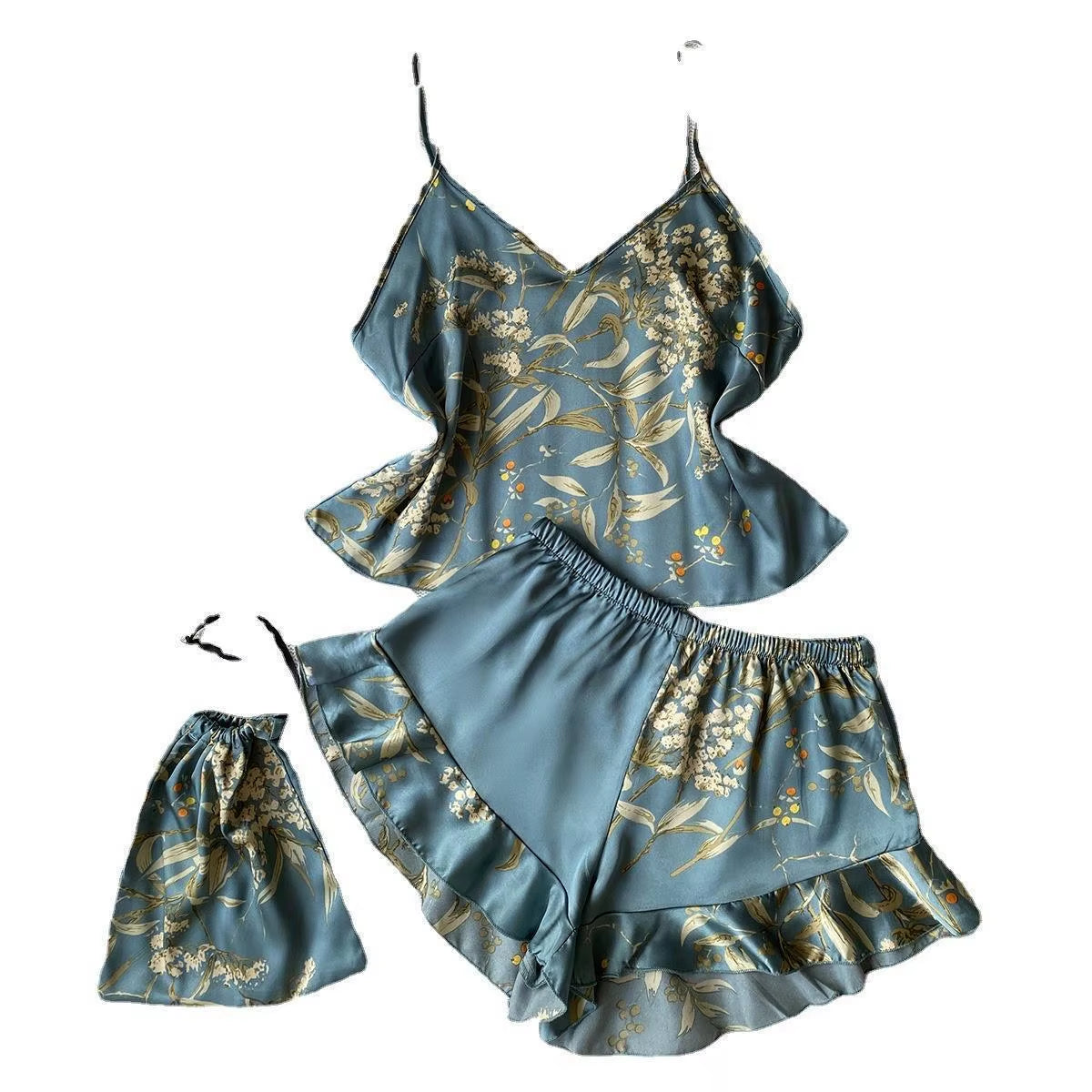 Elegant Floral Print Cami Tops Ruffle Hem Shorts Pajama Set Women'S Sleepwear Loungewear